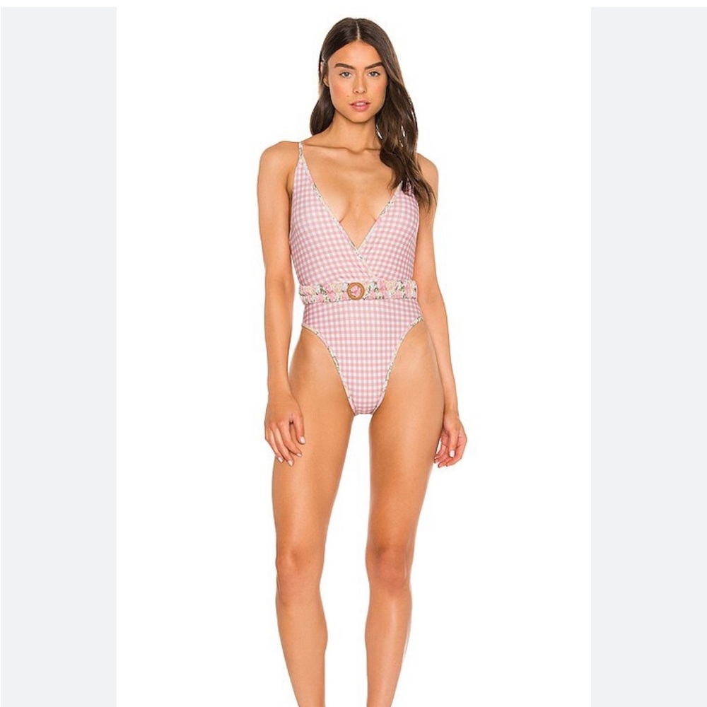 Tularosa One Piece Gingham Swimsuit Pink Floral With Belt Size Medium